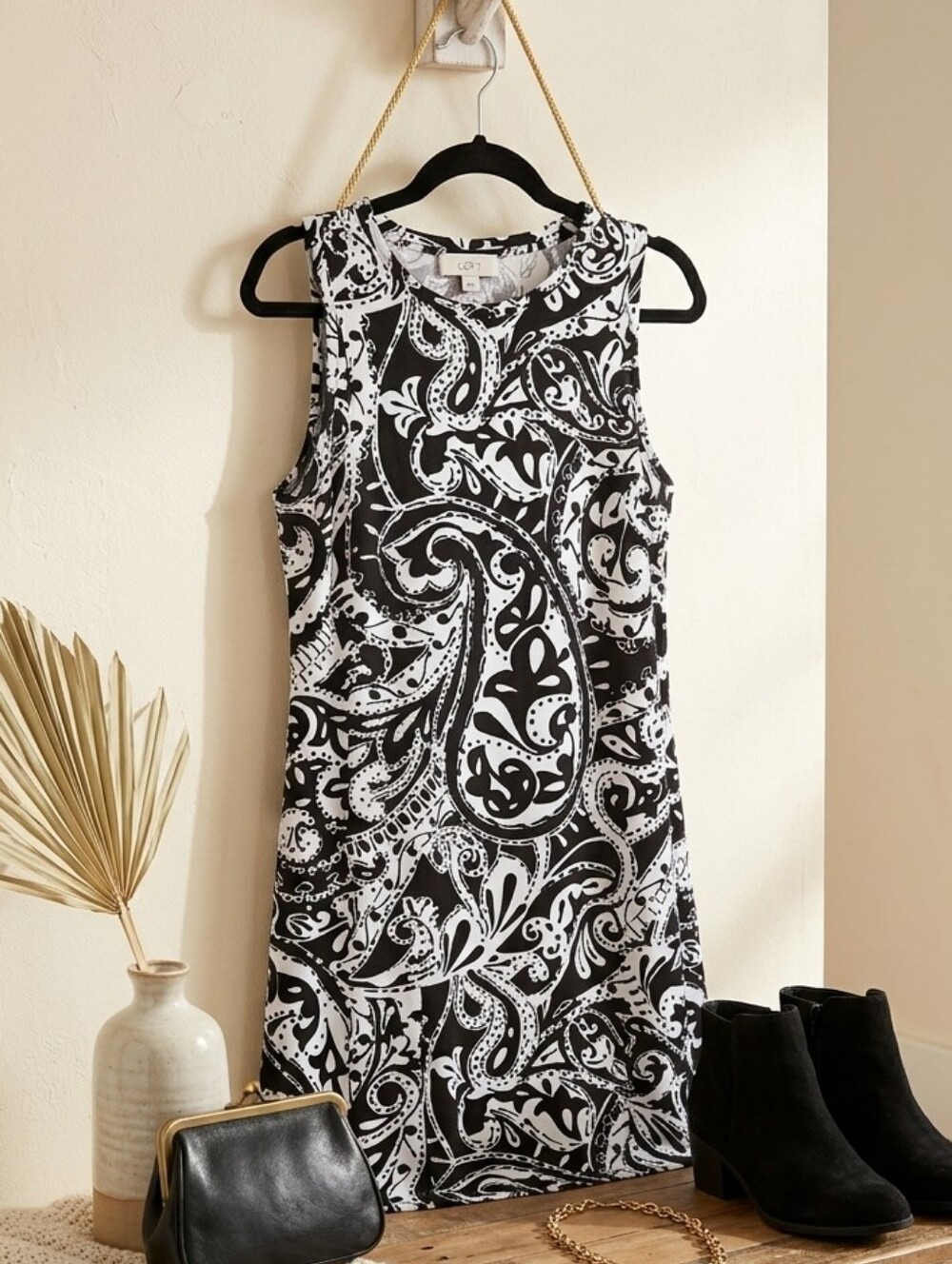 Loft Outlet Black White Paisley Sleeveless Shift Dress Medium Workwear Chic